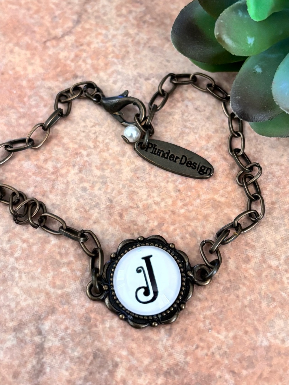 Plunder Design “J” Charm Bracelet in Antique Brass
